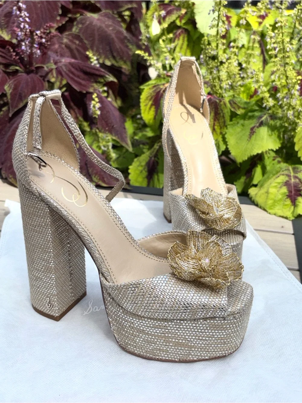 Sam Edelman Gold Sparkle Platform Block Heels with Floral Appliqué